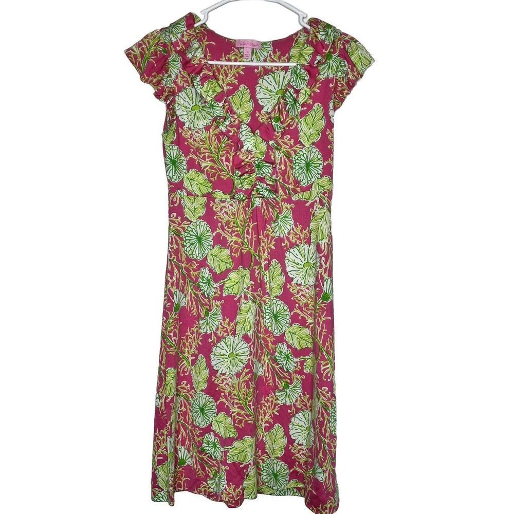 Lilly Pulitzer Clare Silk Blend Jersey Dress‎ Ruffle Pink Green Floral Size XS